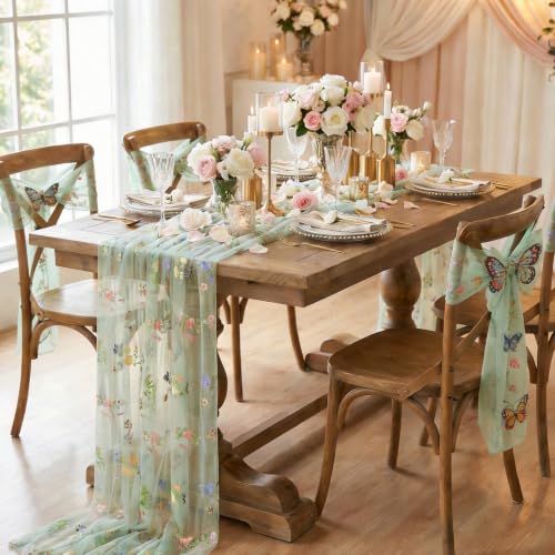 Floral Gauze Table Runner Green 10ft Embroidery Tulle Spring Wildflower - color: Green, size: 27"x120",3pcs