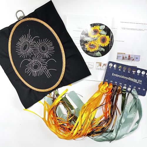 FONNUY Ribbon Embroidery 3D Flowers Pattern Design Kit Embroidery DIY Handwork Set Oval Home Decoration (Sunflower) - style: Sunflower