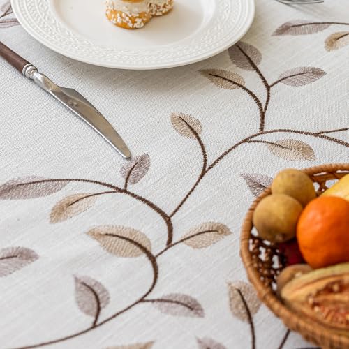 Joyfol Day Round Linen Tablecloth, Heavy Duty Waterproof Tablecloths, Farmhouse Embroidery Leaves Table Cloth with Tassels, Soft Wrinkle Free Table Cover, Coffee Vines, 55 inch - color: Coffee Vines, size: 55" (Round)