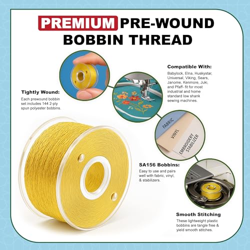 Mandala Crafts Gold 15J SA156 Prefilled Bobbin Thread, 144 PCs - color: Gold, size: Size A 144 X 142 Yards