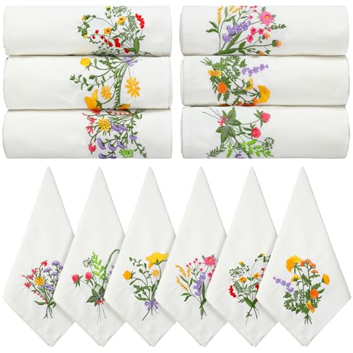 Tioncy 6 Pcs Floral Embroidery Napkins 18" Embroidery Flower Linen Cotton Napkin Bulk for Wedding Tea Cocktail Spring Flower Birthday Party Table Centerpiece Mexican Kitchen Curtain Decor (White) - color: White