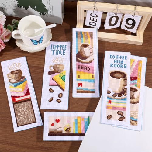 ORIGACH 6 Set Coffee & Book Cross Stitch Bookmark Kit for Beginner - style: Coffee and Books Cross Stitch Bookmark Kit