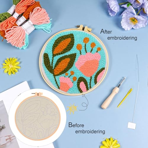 KESTAR Punch Needle Embroidery Starter Kits, Tulip Flower Punch Needle Kits for Adults Beginner, Needle Punch Kit Tool with Instruction Threader Fabric Yarns and Hoop - color: Pink Flower