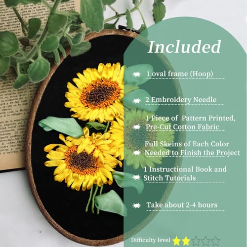 FONNUY Ribbon Embroidery 3D Flowers Pattern Design Kit Embroidery DIY Handwork Set Oval Home Decoration (Sunflower) - style: Sunflower