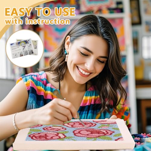 Doodlream Rose Flower DIY Punch Needle Embroidery Kit for Adult Beginner, 9.4" Floral Punch Stitching Craft Set for Starter with Frame, Fabric Pattern, Threader, Yarn, Pinch Needle - color: Rose