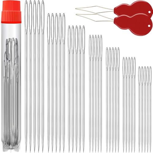 JollMono 35PCS Stainless Steel Large Eye Hand Sewing Needles, 7 Sizes with Threaders for Leather Embroidery Crafts - color: 35 pack