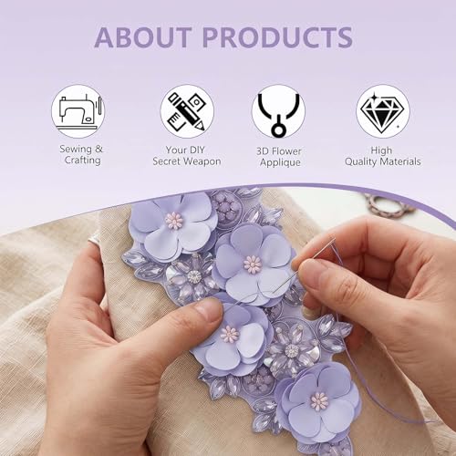 3D Flower Embroidery Beaded Applique Rhinestone Lace Patch Purple - color: Purple