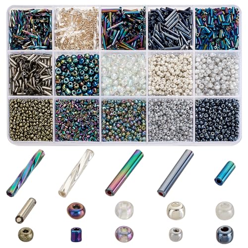 PH PandaHall 5177pcs Black Seed Beads 15 Styles Glass Bugle Beads Small Mini Beads Twisted Beads Waist Beads Friendship Craft Beads for Friendship Bracelet Making Beading Weaving 2/3/4mm - color: Blue Black