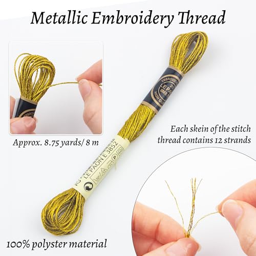 6 Skeins Embroidery Thread, Metallic Gold Embroidery Floss Friendship Bracelet String, Polyester Cross-Stitch Threads for Hand Embroidery, String Art - color: gold