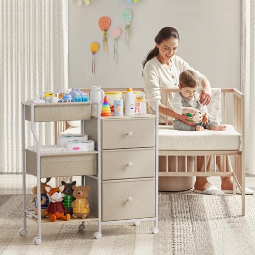 Modanais Baby Diaper Caddy Organizer Rolling Cart with Drawers, Off White - color: Off White