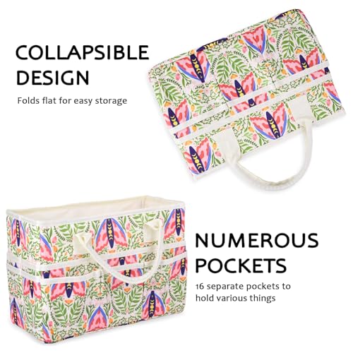 Craft Organizer Tote Bag with Multiple Pockets,Scrapbooking Art Storage - color: green moth