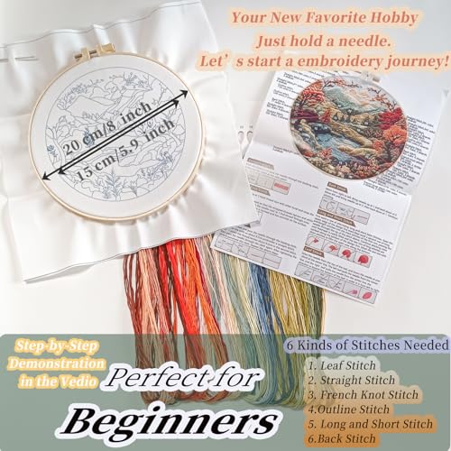 FONNUY Embroidery Kit for Beginners, Boho Nature Landscape Pre-Stamped Pattern Kits for Adults with Hoop, Easy to Follow Color Thread Needlework, 8'' Hoop (Flowers Hills) - color: Flowers Hills