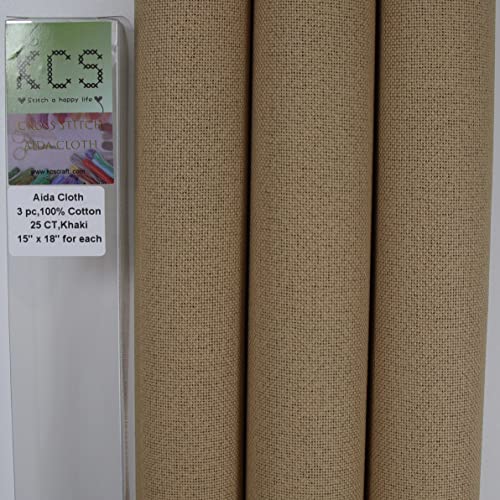 KCS 3 pc of 15" x 18" Counted Cross Stitch Cotton Aida Cloth Needlework Fabric,25CT,Khaki - color: Khaki, size: 25CT