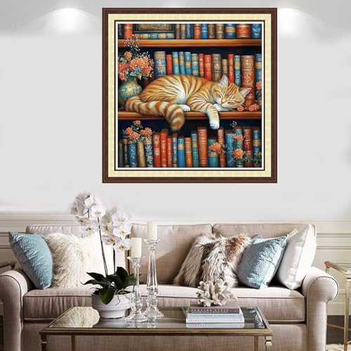 Findvoor Counted Cross Stitch Kits for Adults Full Range of Cross Stitching Embroidery Unprinted Pattern for Beginners, 11CT Needlepoint Kit Patterns Embroidery Kits-Cat Sleeping Bookshelf 18x18 inch - color: ColorCraft06