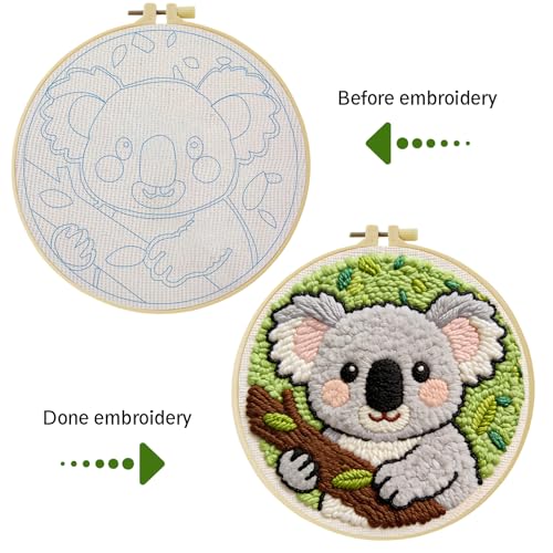 ZuoAnLF Punch Needle Kit for Beginner, Rug Yarn Hooking Beginner Kit with Instruction, Punch Needle Fabric with Pattern, Yarns, Embroidery Hoops for Punch Needle 20CM/9.8INCH (Koala) - color: koala