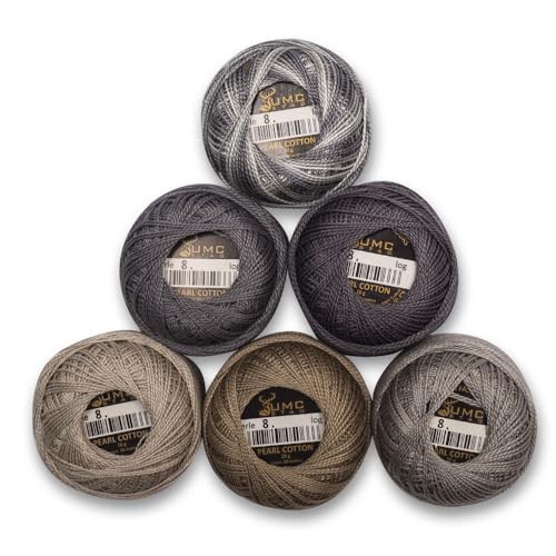6 Balls Premium Pearl Cotton Embroidery Thread Size 8 | 100% Egyptian Cotton Crochet Yarn | Cross Stitch Embroidery Yarn | Oeko TEX Certified | 10 Grams per Ball (Grey Tones) - color: Grey Tones