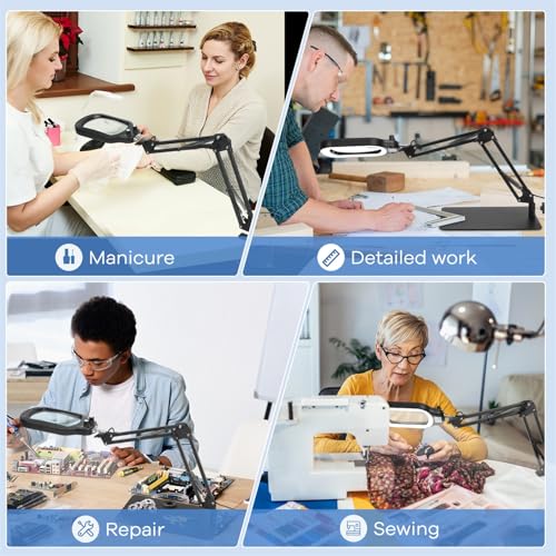 15X Rectangle Magnifying Glass with Light and Stand, Real Glass Lighted Magnifier Hands Free, Mechanical Knob 5 Color Modes Stepless Dimmable, 2-in-1 LED Desk Lamp with Clamp for Close Work, Reading