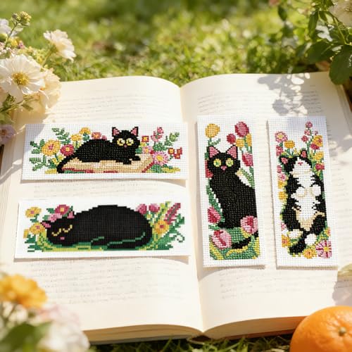ORIGACH 6 Set Cat and Flower Cross Stitch Bookmark Kit for Beginner - style: Cat and Flower