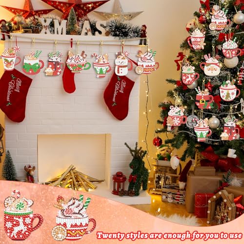 Tondiamo 20 Pcs Christmas Diamond Painting Keychain Kits with Tools Hot Cocoa Themed Art Key Chain Craft Kits Merry Christmas Cute Hanging Handmade 5D Art and Craft Supplies Accessories - style: Hot Cocoa