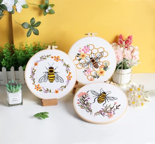 Konrisa Embroidery Kits for Adults Beginner, European Style Bees Collect Honey Stamped Embroidery Starter Kit,DIY Sewing Practice, Needlepoint Cross Stitch Kit,Set of 3 - color: bee