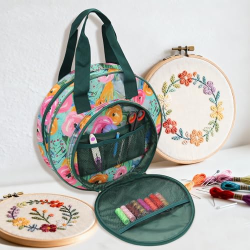 Round Embroidery Project Bag, Tote for Hoops, Floss&Sewing Supplies - color: Green Floral