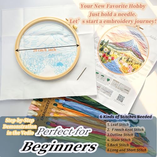 FONNUY Embroidery Kit for Beginners, Flower Hill Nature Landscape Pre-Stamped Pattern Kits for Adults with Hoop, Easy to Follow Color Thread Needlework, 8'' Hoop (Purple Blue) - color: Purple Blue