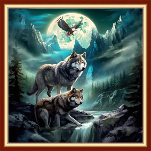Redxing Stamped Cross Stitch Kits - Beach Night Landscape Counted Cross Stitch Kits for Beginners Adults Needlepoint Cross-Stitch Patterns-Eagle Wolf 18x18 inchs - color: ArtsKit08