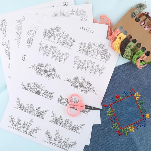 4 Sheets Water Soluble Embroidery Stabilizer,54 Pcs Stick and Stitch Embroidery Patterns,Wash Away Paper with Pre-Printed Floral Designs,Self Adhesive Transfer Paper for Hat Cap Hand Sewing Beginners - size: Pattern: Flower (Style 1)