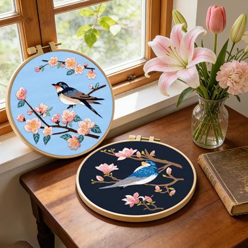 ERKOON Embroidery Kit for Beginners, 2 Set Floral Cross Stitch Set Include Embroidery Cloth Hoops Threads for Craft Lover Hand Stitch with Embroidery Skill Techniques (Bird) - color: Bird