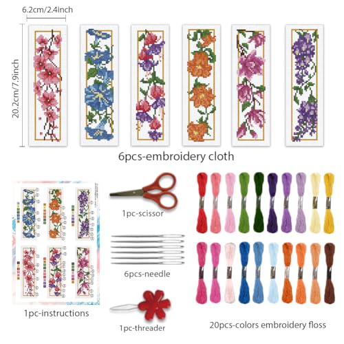 BEUNITONE 6 Pcs Flower Cross Stitch Bookmarks Kit for Adults Beginner DIY Stamped Embroidery Bookmark Kit with Instructions Cute Stamped Embroidery Bookmark for Book Lovers Handmade Gift 8''x2.4'' - style: Falling Flowers