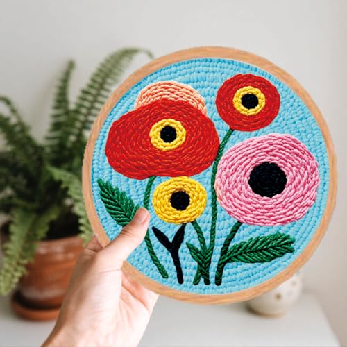 BEUNITONE 2PCS Bohemian Flower Punch Needle Kit for Adults Beginners, Complete Craft Kit Needlepoint Kits for Adults with Hoop, Punch Needle Starter Craft Set for Cloth Festival Gift and Home Decor - color: 03-Abstract Flower
