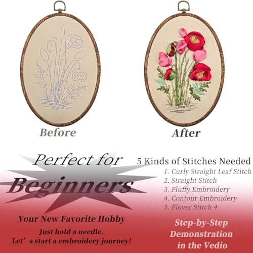 FONNUY Ribbon Embroidery 3D Flowers Pattern Design Kit Embroidery DIY Handwork Set Oval Home Decoration (Red Rose) - style: Red Rose