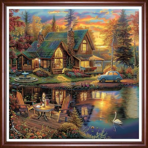 Dooxvey Cross Stitch Kits for Adults Beginners,Full Range of Cross-Stitch Stamped Kits Needlepoint Kits for Beginners Embroidery Kits 11CT Cross Stitch Patterns-Late Autumn Sunset 18×18 inch - color: DIYartkit27