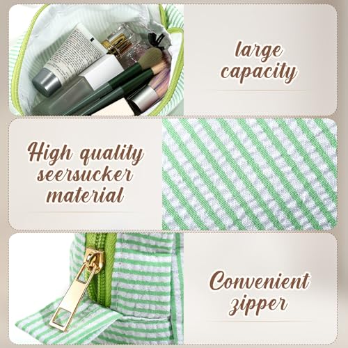 Sanwuta 10 Pcs Seersucker Cosmetic Bag Seersucker Makeup Bag Women Stripe Large Travel Toiletry Organizer Preppy Storage Pouch for Embroidery Wedding Bridesmaid Bride Mom (Green) - color: Green