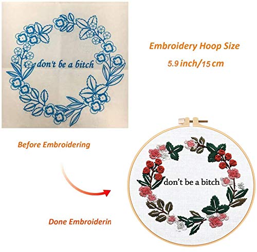 Louise Maelys Cross Stitch Kit Full Range DIY Floral Wreath with Funny Sayimg Embroidery Kit for Beginner - color: Floral-1