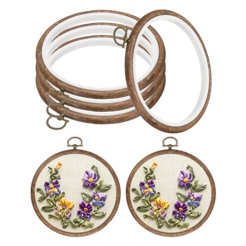 PATIKIL 4inch Embroidery Hoop, 4pcs Cross Stitch Hoop Rubber Imitated Wood Circle Frame Ring for Embroidery Art Craft Sewing Ornaments Hanging Decoration - size: 4in