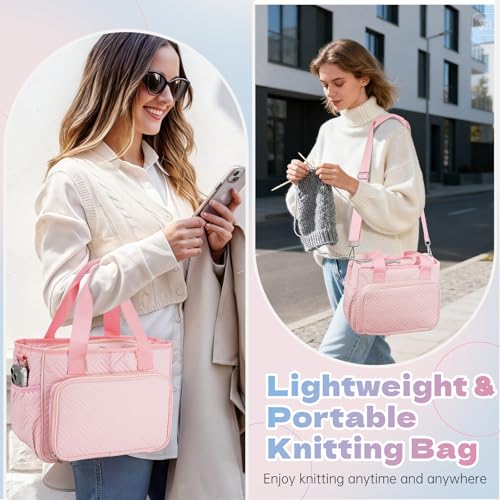 Dadanism Crochet Bag Organizer, Yarn Bag with Handle & Shoulder Strap - color: Pink