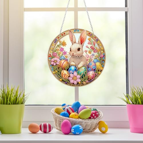 NAIMOER Easter Rabbit Egg Diamond Art Hanging Kits for Adults, 5D Special Shaped Rhinestone, DIY Spring Diamond Art Painting Window Pendants Home Garden Wall Hanging Ornament Kits, Double Sided - color: Easter 09