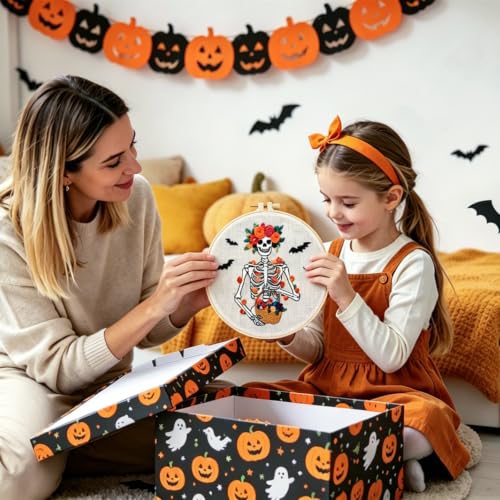Halloween Embroidery Kits for Beginners Adults, Gothic Skeleton Embroidery Starter Kits, Halloween Cross Stitch Kits Needlepoint Kits for Adults Woman Gifts, Embroidery Hoop, Thread, Video Tutorial - color: H2101