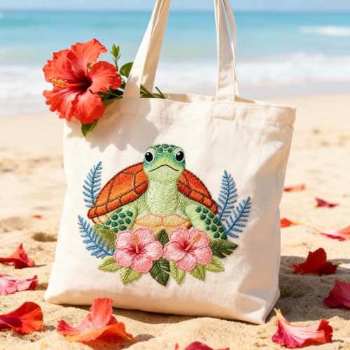 BEUNITONE 4 Sets Sea Turtle Embroidery Kits for Beginners DIY Craft Kits for Adults with Printed Patterns, Hoops and Instructions, Hibiscus Flower Needlepoint Kits for Clothing and Home Decor - style: A-Sea Turtle