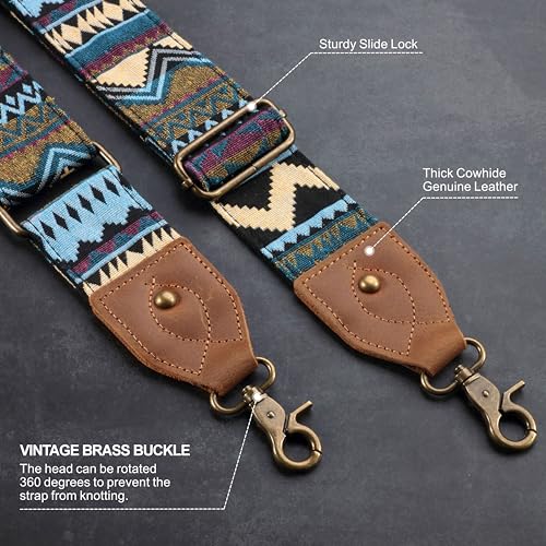 Nefelibata Banjo Strap,2"Wide Double Crazy Horse Leather Jacquard Embroidery Strap Adjustable Replacement,Multi-pattern Strap With Metal Clips - color: A#-Ethnic Green-01