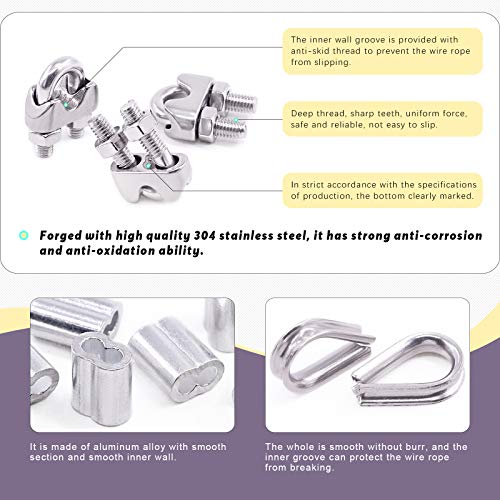 Swpeet 24Pcs M8 (5/16") Wire Rope Accessory Set, Included M8 Wire Rope Cable Clip Clamp, M8 Stainless Steel Thimble, 4mm Aluminum Crimping Loop Sleeve Perfect for 1/8 inch Wire Rope Cable (M8) - size: M8