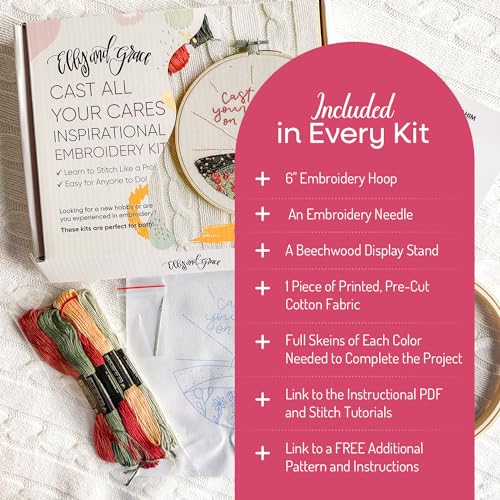 Elly & Grace Christian Embroidery Kit with Embroidery Hoop, Easy Embroidery Kit for Beginners and Adults, Full Embroidery Hoop Kit with Needles and Thread Included (Cast All Your Cares) - style: Cast All Your Cares