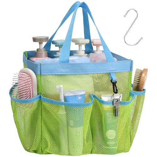 Mesh Shower Caddy Portable - 8 Pockets, S-Hook, Shower Bag for Dorm Camping - color: 1 Pack Fluorescent Green, size: L (Classic Dorm Caddy)