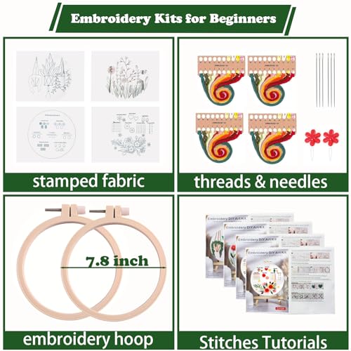 Topapfo 4 Pack Flower Embroidery Beginners Kits for Adults, Cross Stitch Starters Kits Needlepoint with Stamped Embroidery Patterns, Hoops, Thread, Needles, Threaders - color: plant