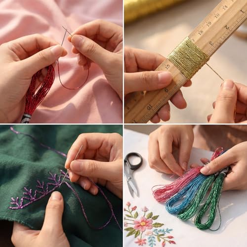 10Colors Metallic Sparkle Embroidery Floss Set, Glitter Cross Stitch Thread Including 10 Skeins Thread, 12pcs Plastic Bobbins and 2pcs Threaders for Cross Stitch DIY Craft (8m 12 Strands)