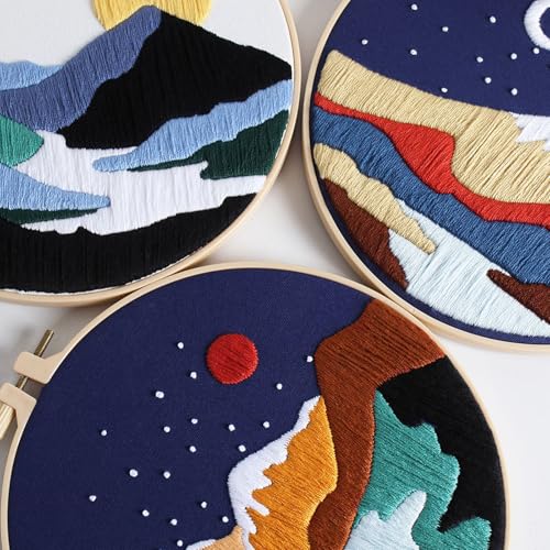 GLTAYLMY 3 Set Landscape Embroidery Kits for Beginners with Mountain Sun Moon Pattern,Adults Starter Cross Stitch Kit DIY Needlepoint Kits - color: Landscaping2