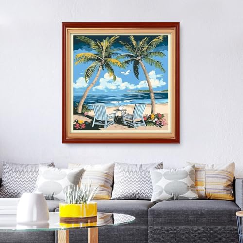 Foxhool Stamped Cross Stitch Kits,11CT Printed Cross Stitch Pattern Full Embroidery Kits for Beginner Needlepoint Kits& Beach Coconut Trees 18x18 inch - color: ColorSet04