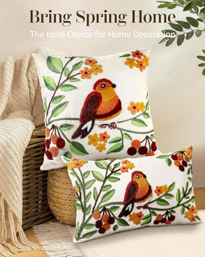 Embroidered Throw Pillow Cover, 20x12 Inch, Bird Branch - color: Tree Bird, size: 20" x 12" (Pack of 1)