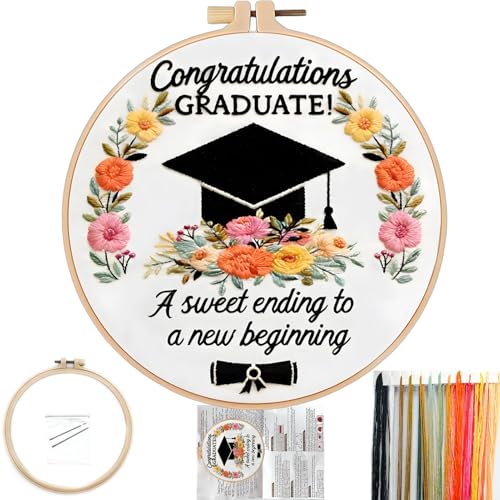 FONNUY Graduation Embroidery Kit, Floral Grad Cap Design Cross Stitch Kits for Beginners, Handmade Crafts with Printed Patterns for Beginner Adults, Color Thread Needlework, 8'' Hoop (Flower) - color: Flower